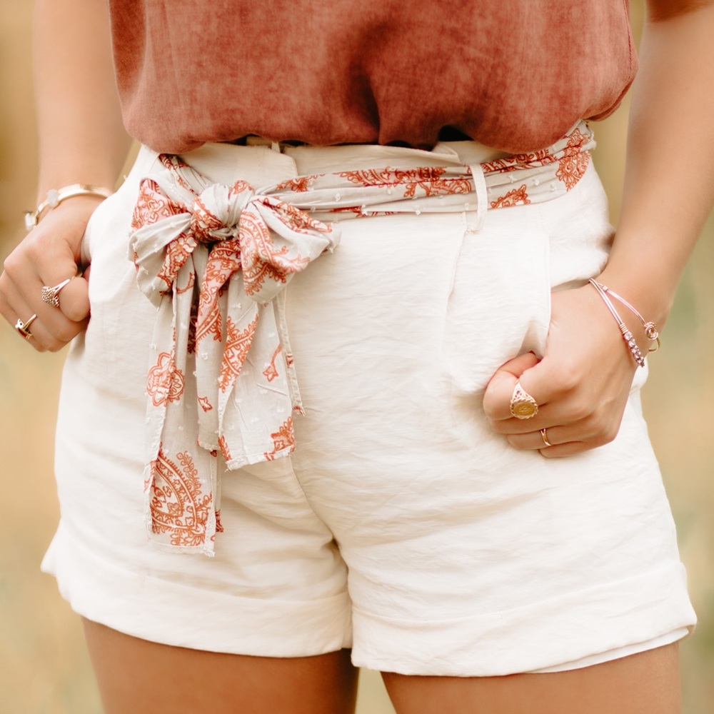 Cream Crepe Shorts with Scarf Sash